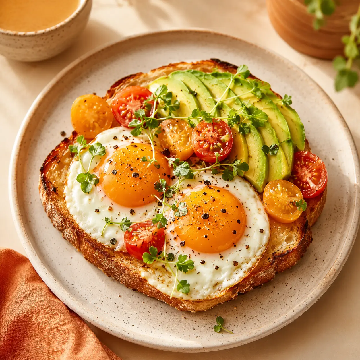 Breakfast plate with eggs, avocado toast, and cherry tomatoes.
