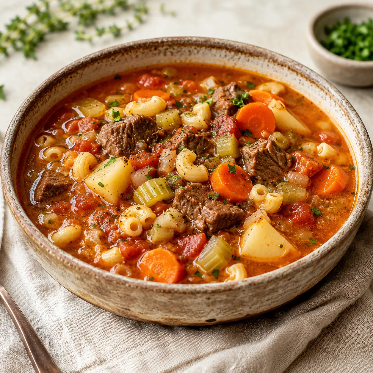 Hearty soup with beef, vegetables, and pasta in a rustic bowl.