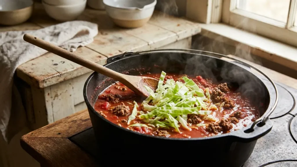 Chopped cabbage added to tomato broth for cabbage roll soup