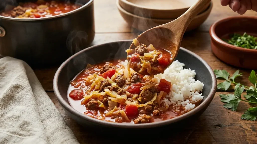 Cabbage roll soup ladled over cooked rice before serving