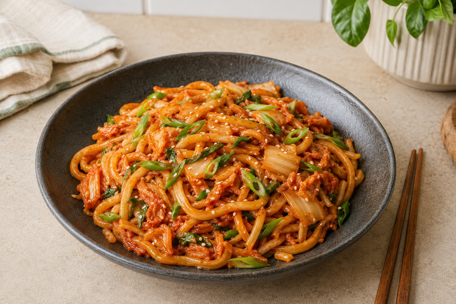 Kimchi udon stir fry with chopped kimchi, scallions, and sesame seeds in a dark bowl