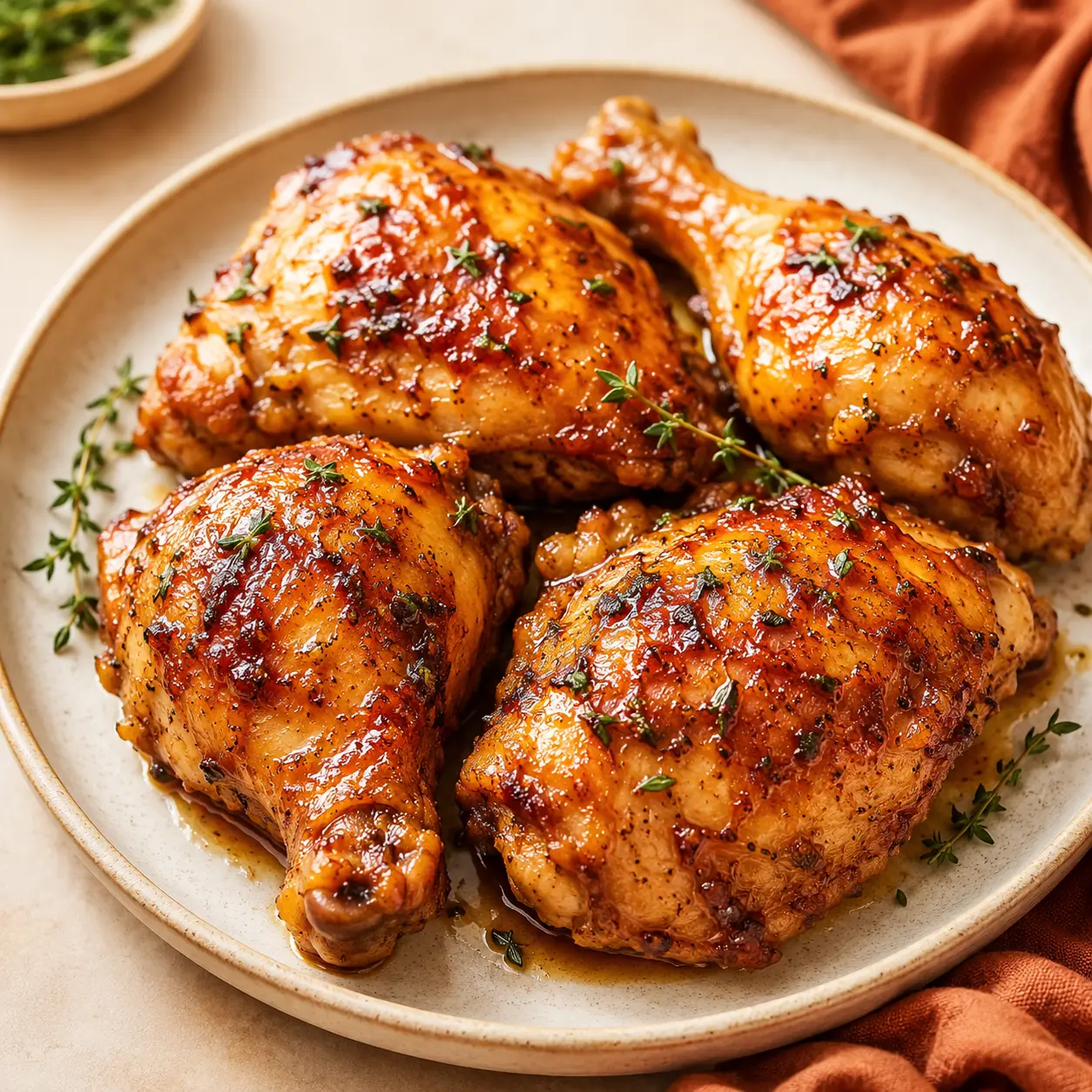 Roasted chicken with a caramelized glaze served on a plate.