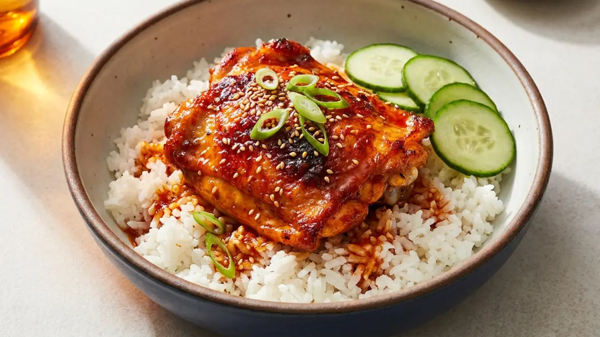 Gochujang chicken rice bowl with pan drippings, cucumber slices, and sesame seed garnish