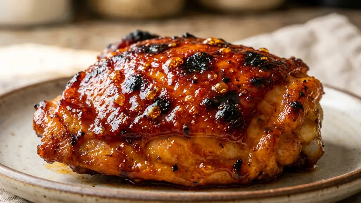 Close-up of gochujang chicken thigh showing bubbling crispy caramelized edges after broiling