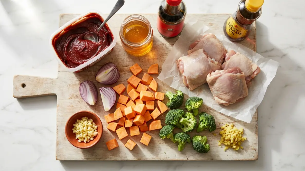 Ingredients for sheet pan gochujang chicken including gochujang paste, honey, soy sauce, sesame oil, and raw chicken thighs