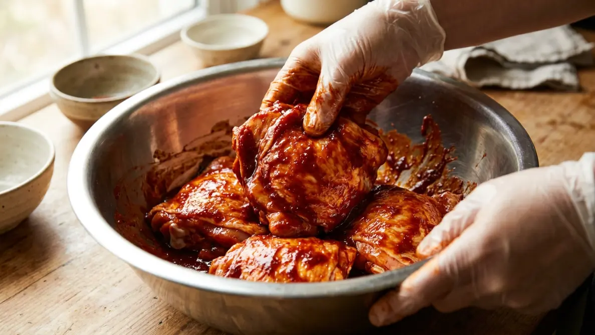 Raw chicken thighs being coated in gochujang marinade in a mixing bowl