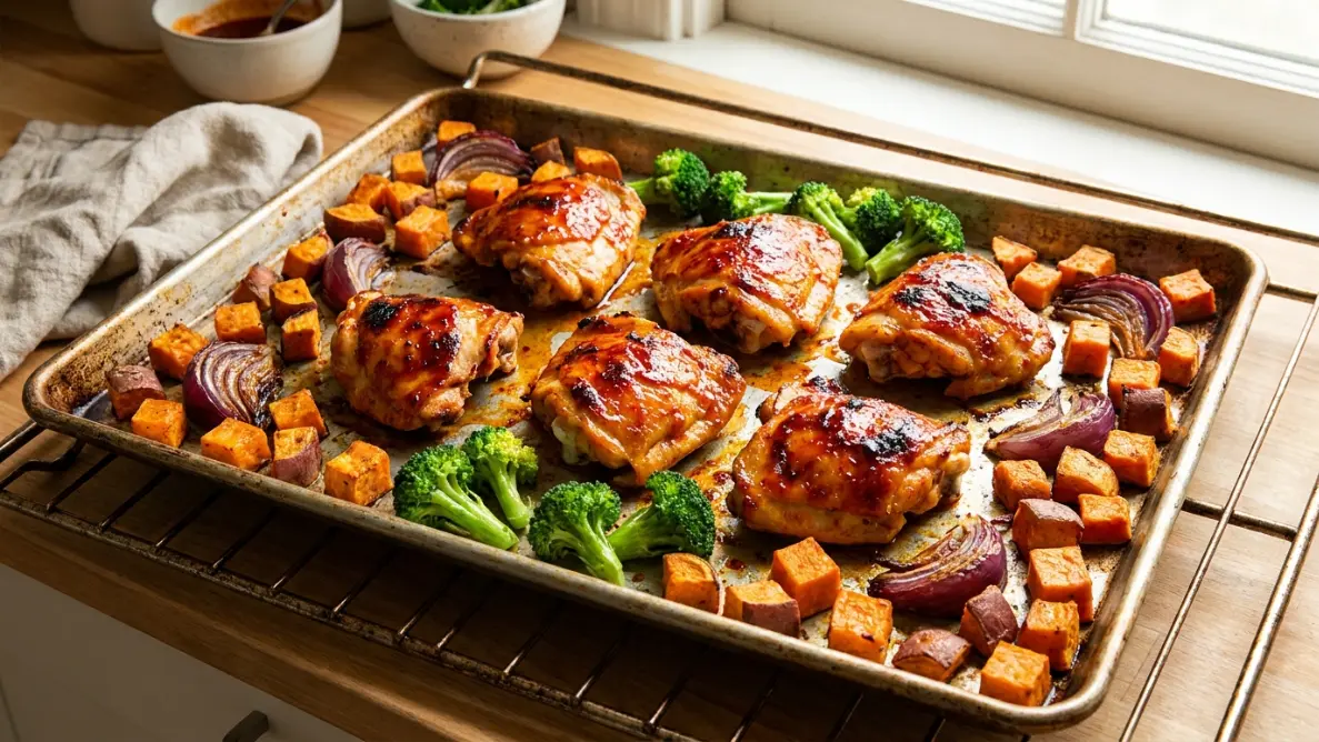 Sheet pan with gochujang chicken thighs surrounded by roasted sweet potato and broccoli before final broil