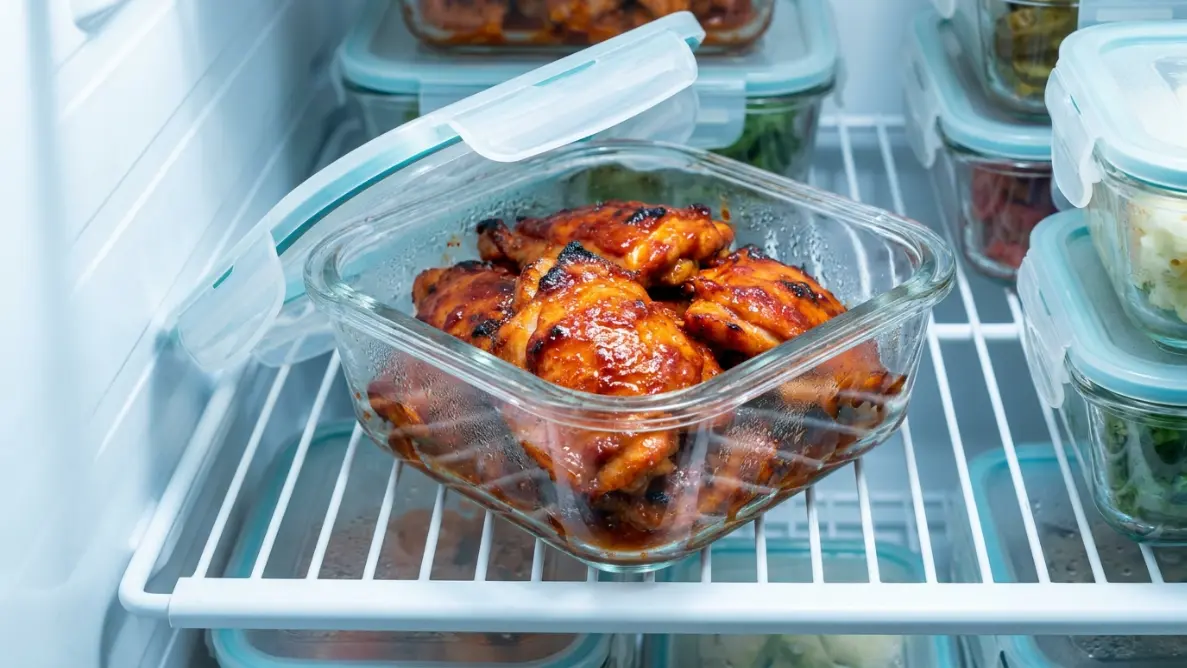 Leftover gochujang chicken thighs stored in a glass container ready for refrigeration