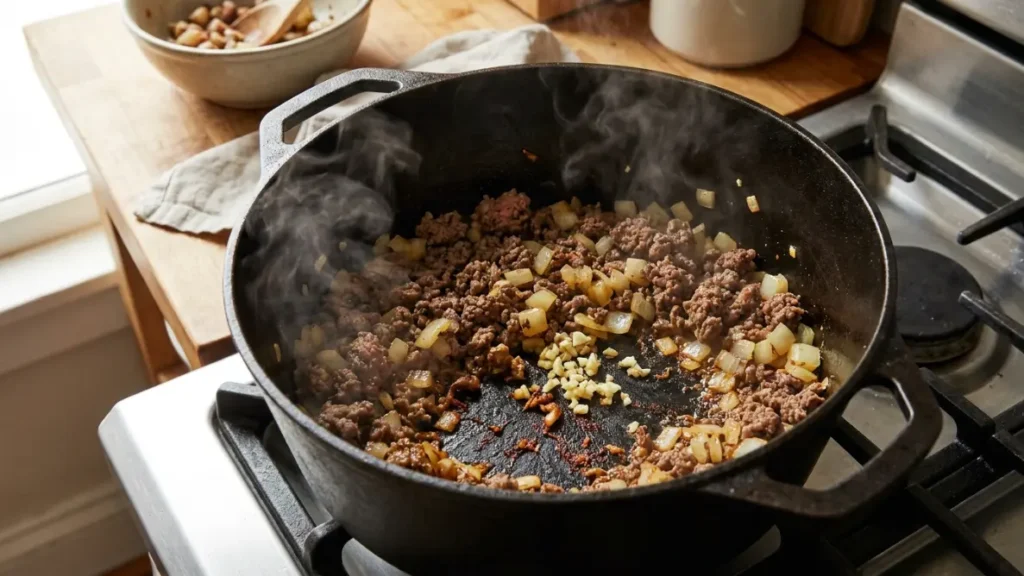 Ground beef browning with onion and garlic for cabbage roll soup