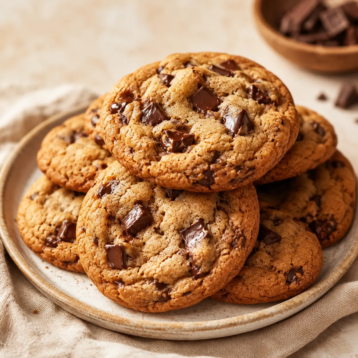 Homemade chocolate cookies arranged on a dark surface.