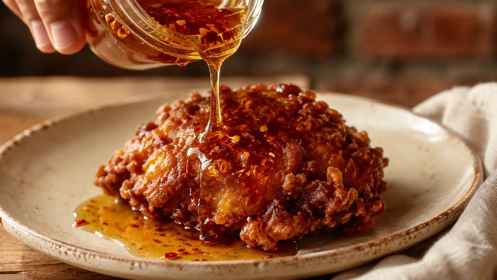 5-Minute Homemade Hot Honey Sauce for Chicken and Pizza Homemade hot honey sauce drizzled over crispy fried chicken thigh on a cream plate.