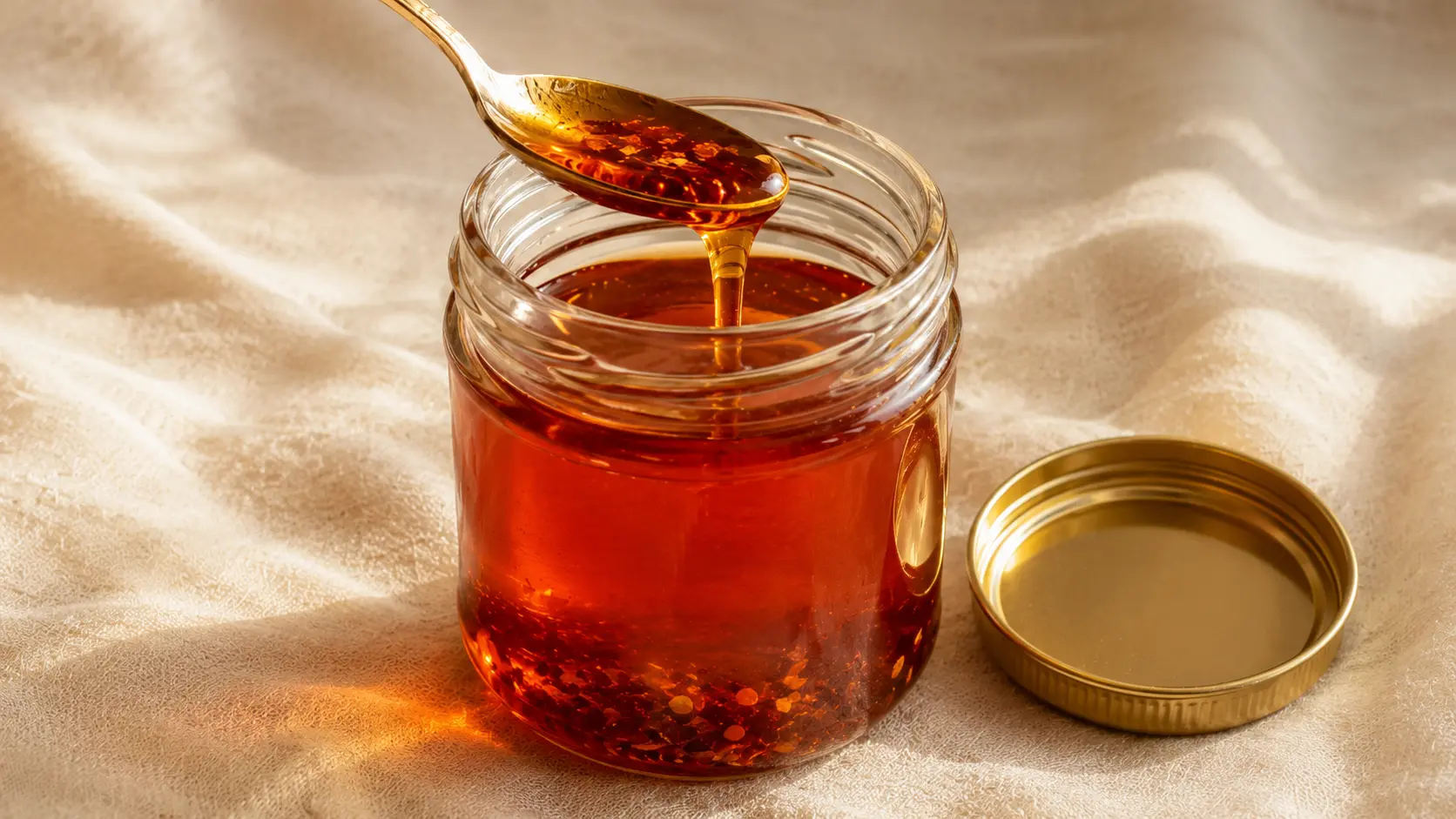 Finished homemade hot honey in a clear glass jar with a spoon drizzling a thick amber ribbon.