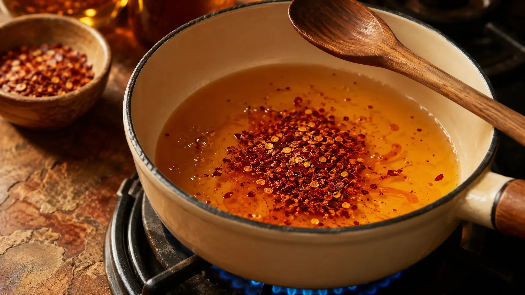Chili flakes infusing into warm honey in a small saucepan over low heat.