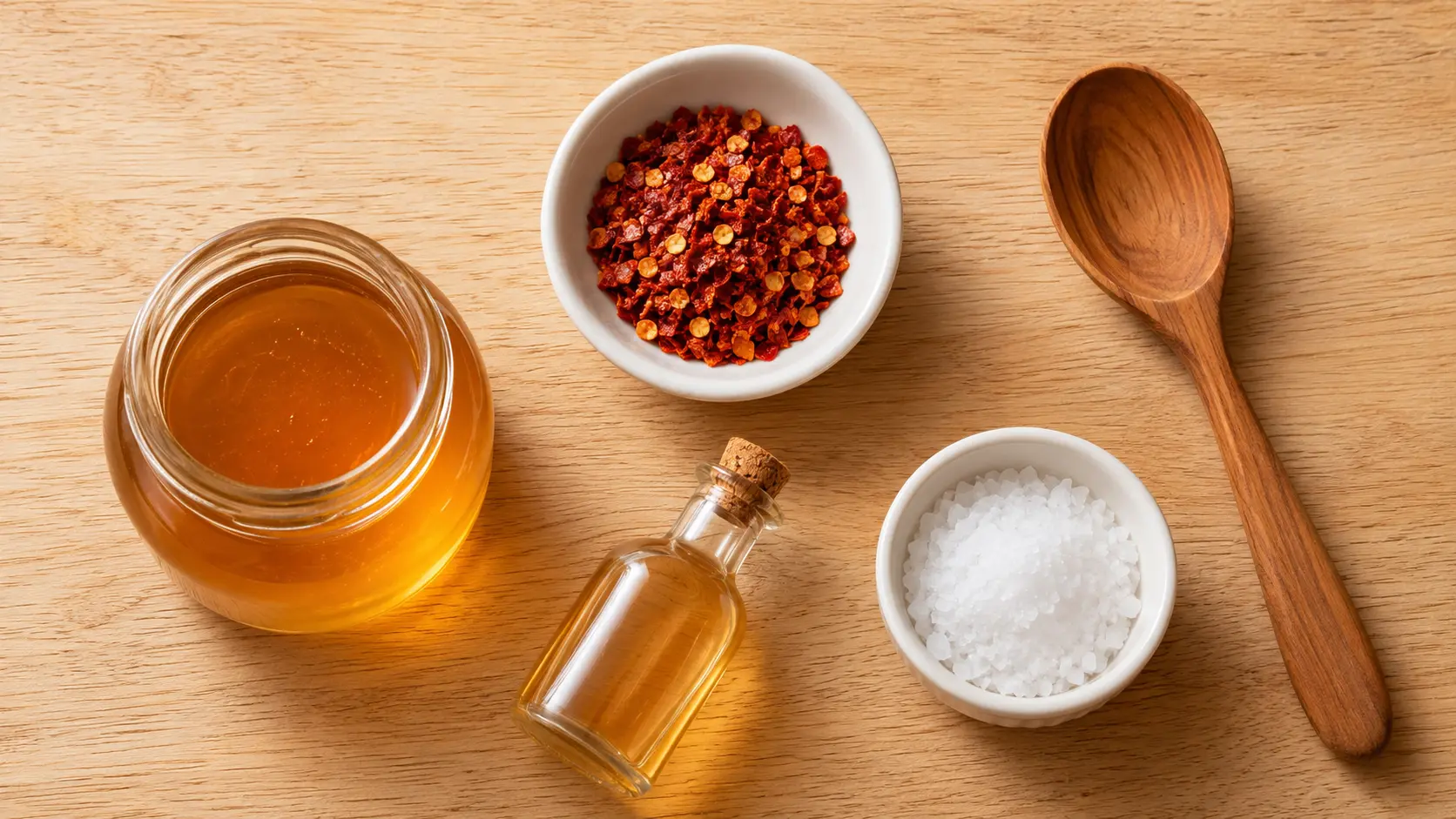 Overhead flat lay of ingredients for homemade hot honey sauce: honey, red pepper flakes, apple cider vinegar, and flaky sea salt.
