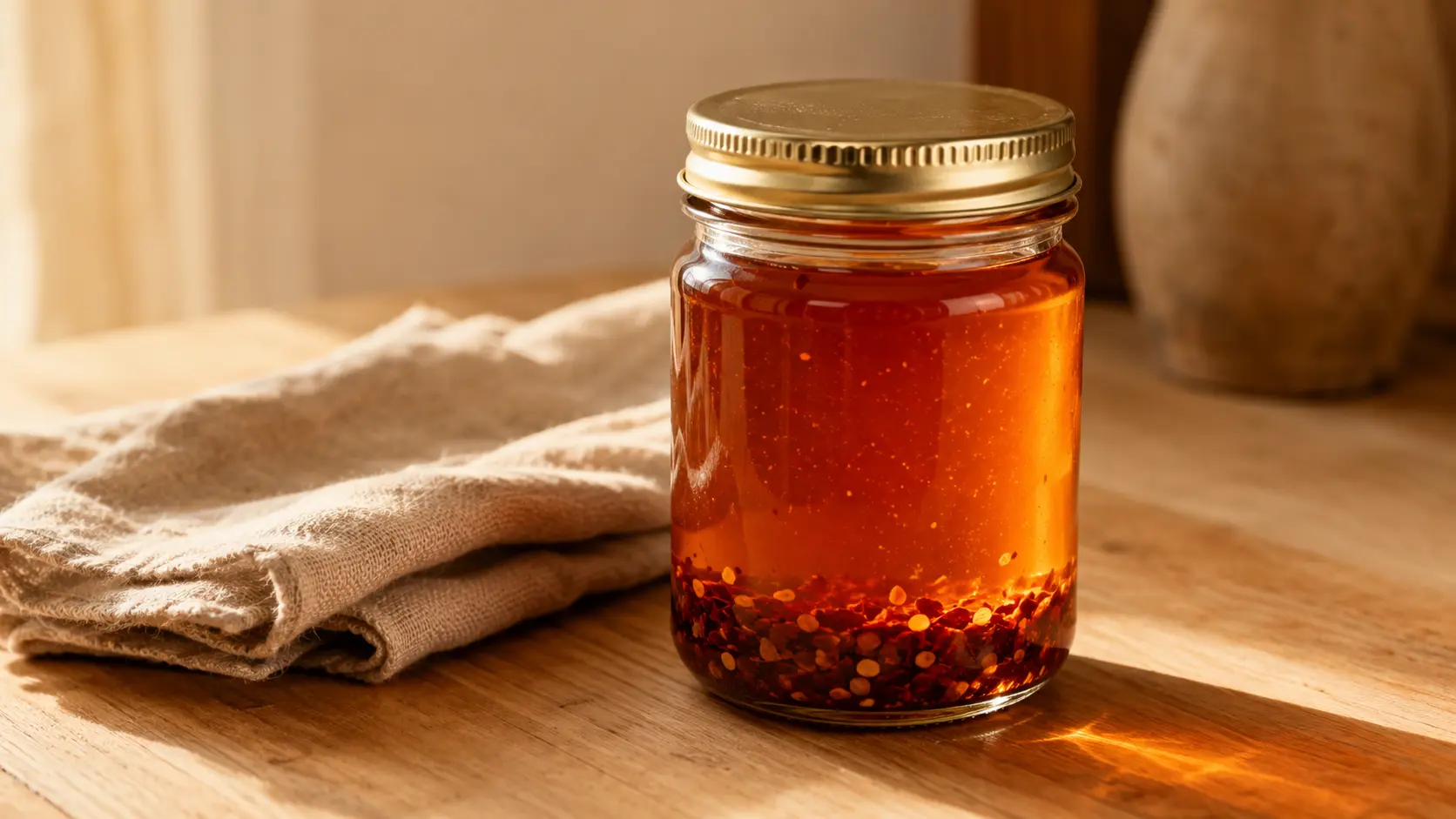Sealed glass jar of homemade hot honey with chili flakes settled at the bottom, ready for storage.