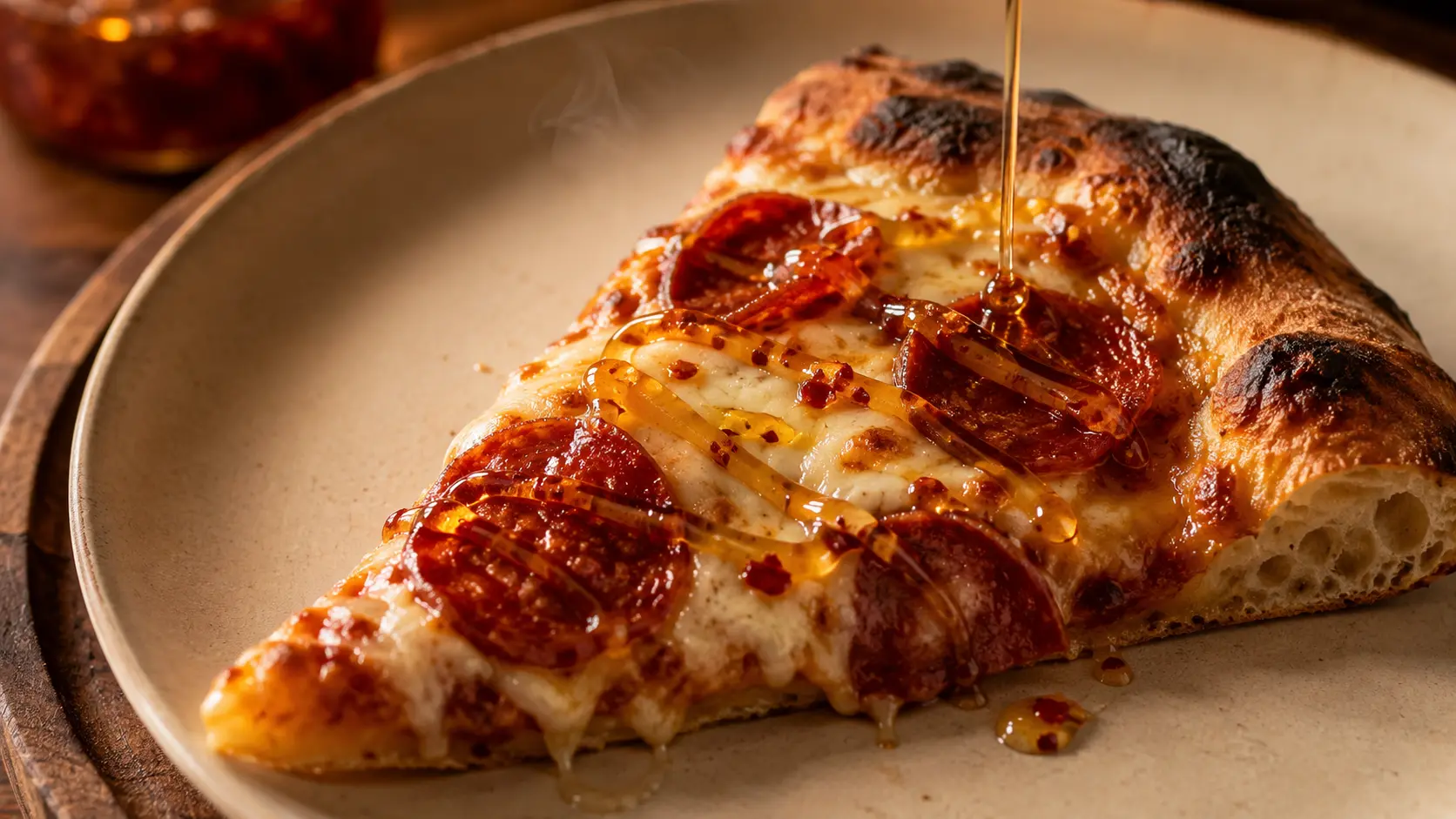 Homemade hot honey sauce drizzled over a slice of hot pepperoni pizza with melted cheese.