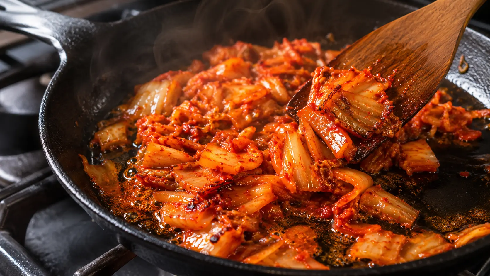 Chopped aged kimchi caramelizing in a cast-iron skillet with the oil turned deep terracotta orange
