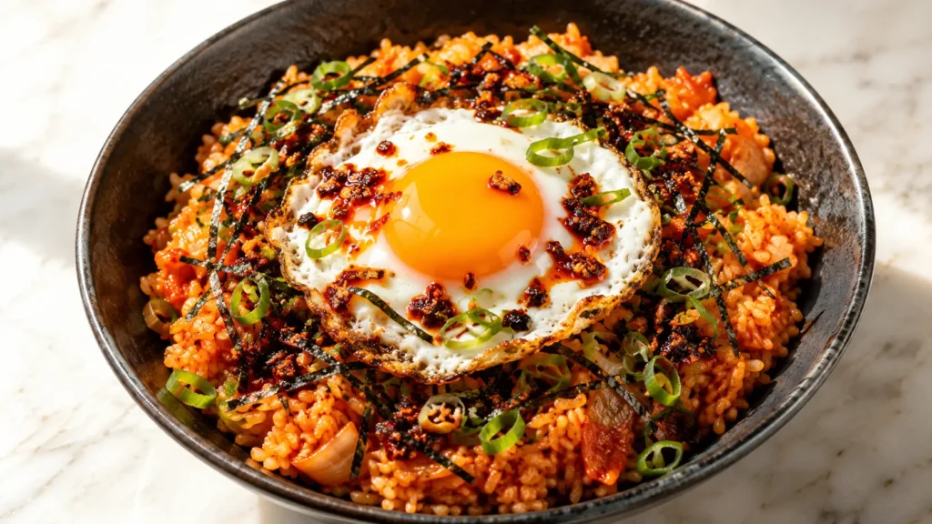 Bowl of kimchi fried rice with a runny sunny-side-up egg, chili crisp, nori strips, and sliced scallions