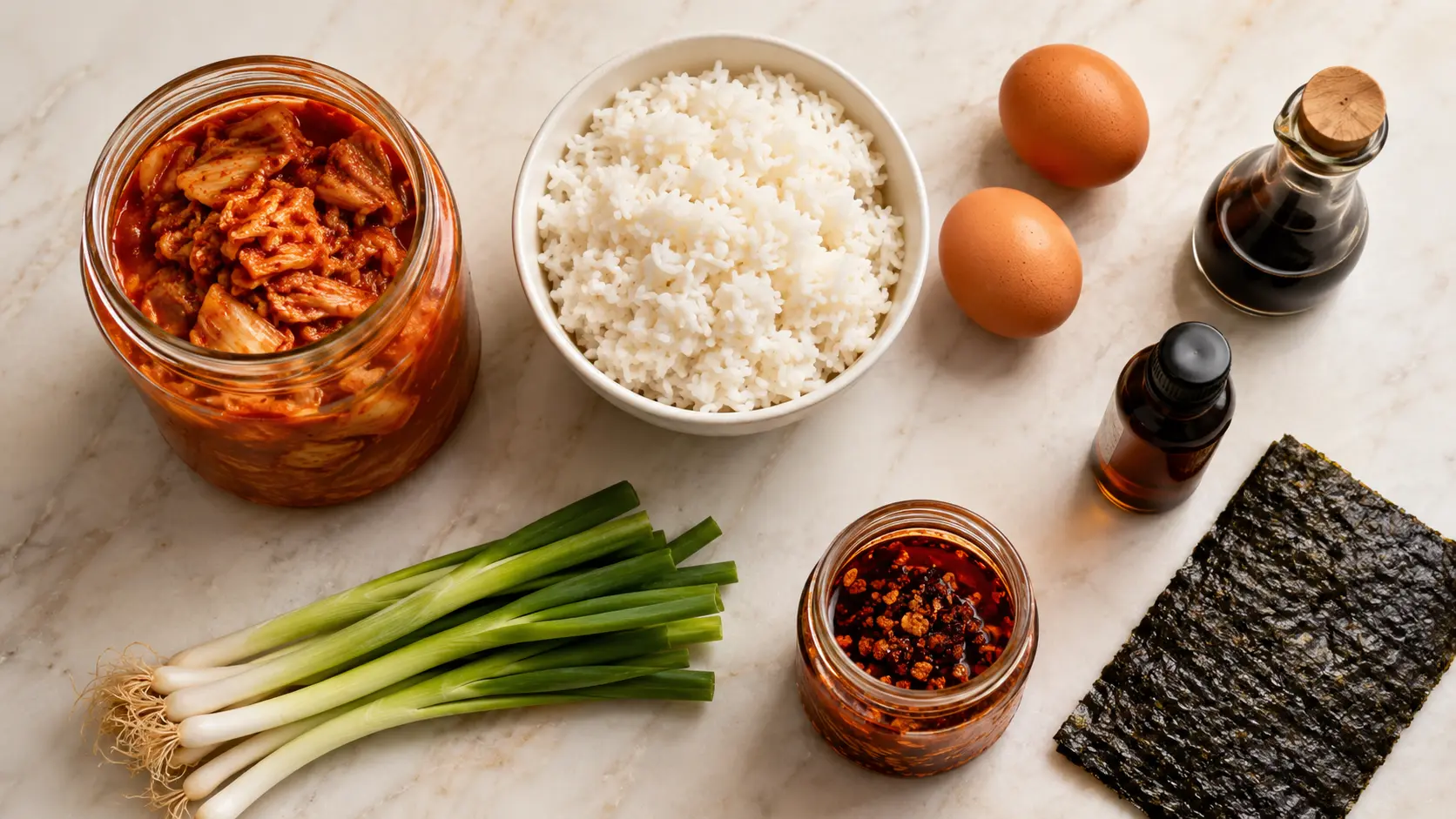 Kimchi fried rice ingredients including aged kimchi, cold rice, eggs, scallions, chili crisp, and roasted seaweed on marble