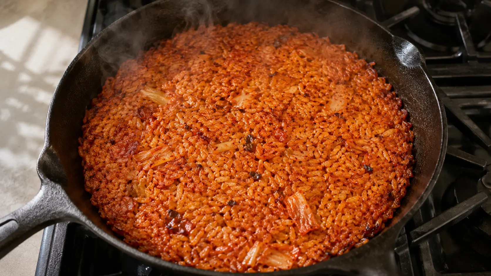 Kimchi fried rice pressed flat in a cast-iron skillet to create a crispy nurungji bottom