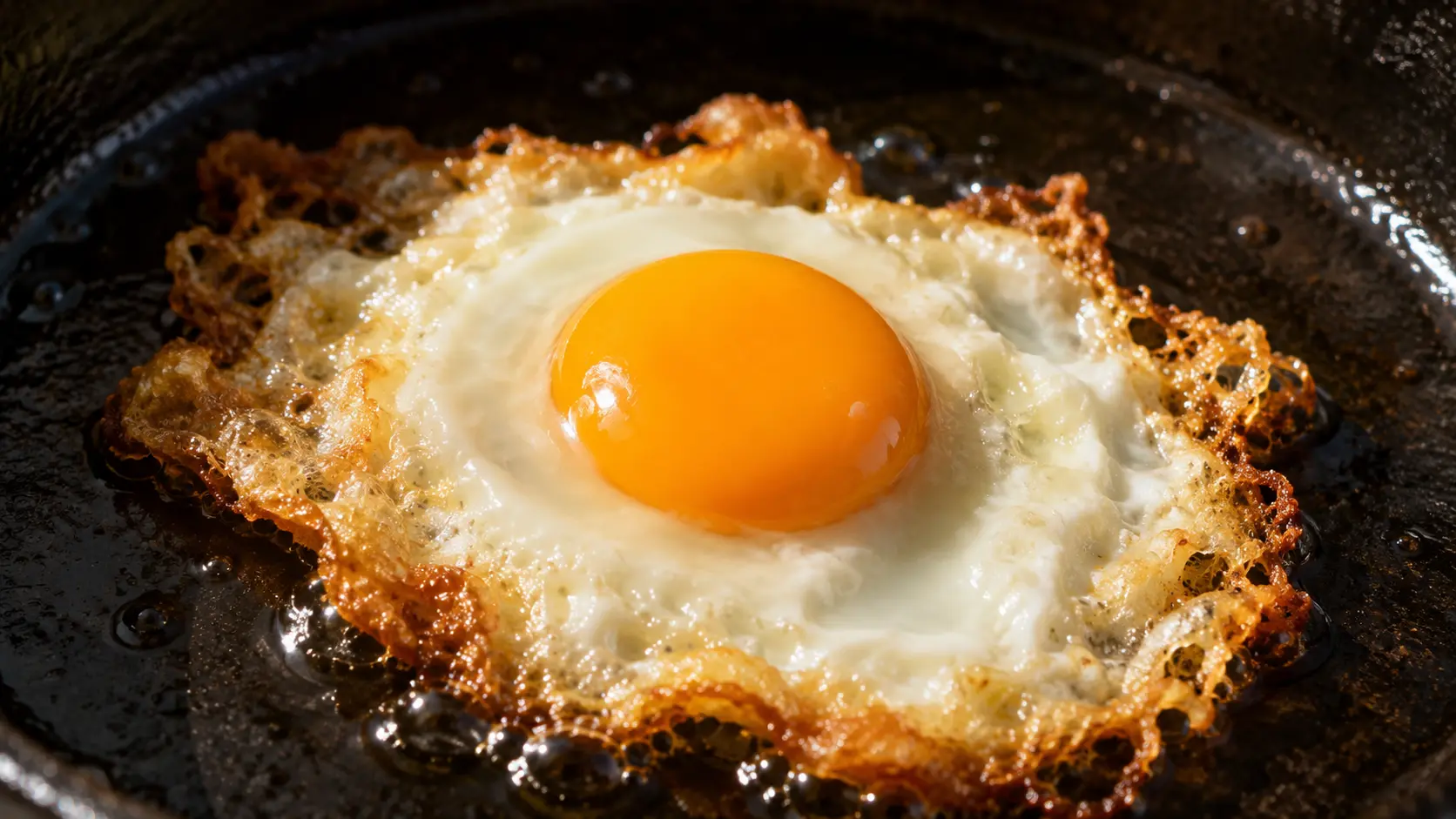 Sunny-side-up egg with crispy golden edges and a bright runny yolk cooking in a skillet