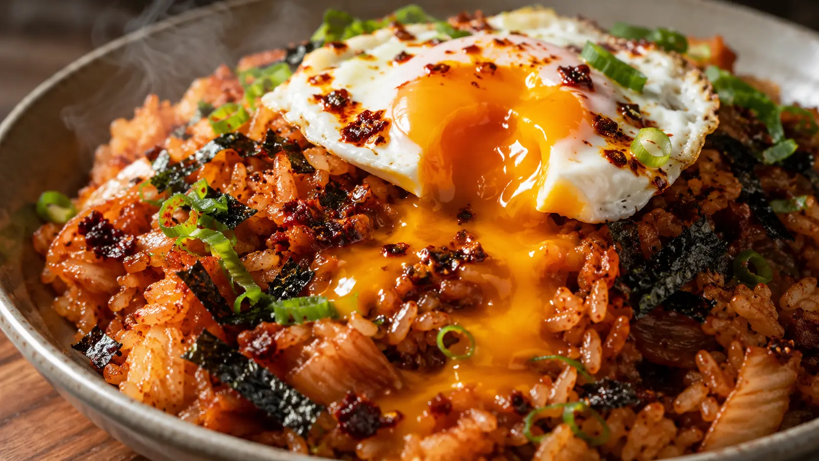Broken egg yolk running into kimchi fried rice with chili crisp and nori on top