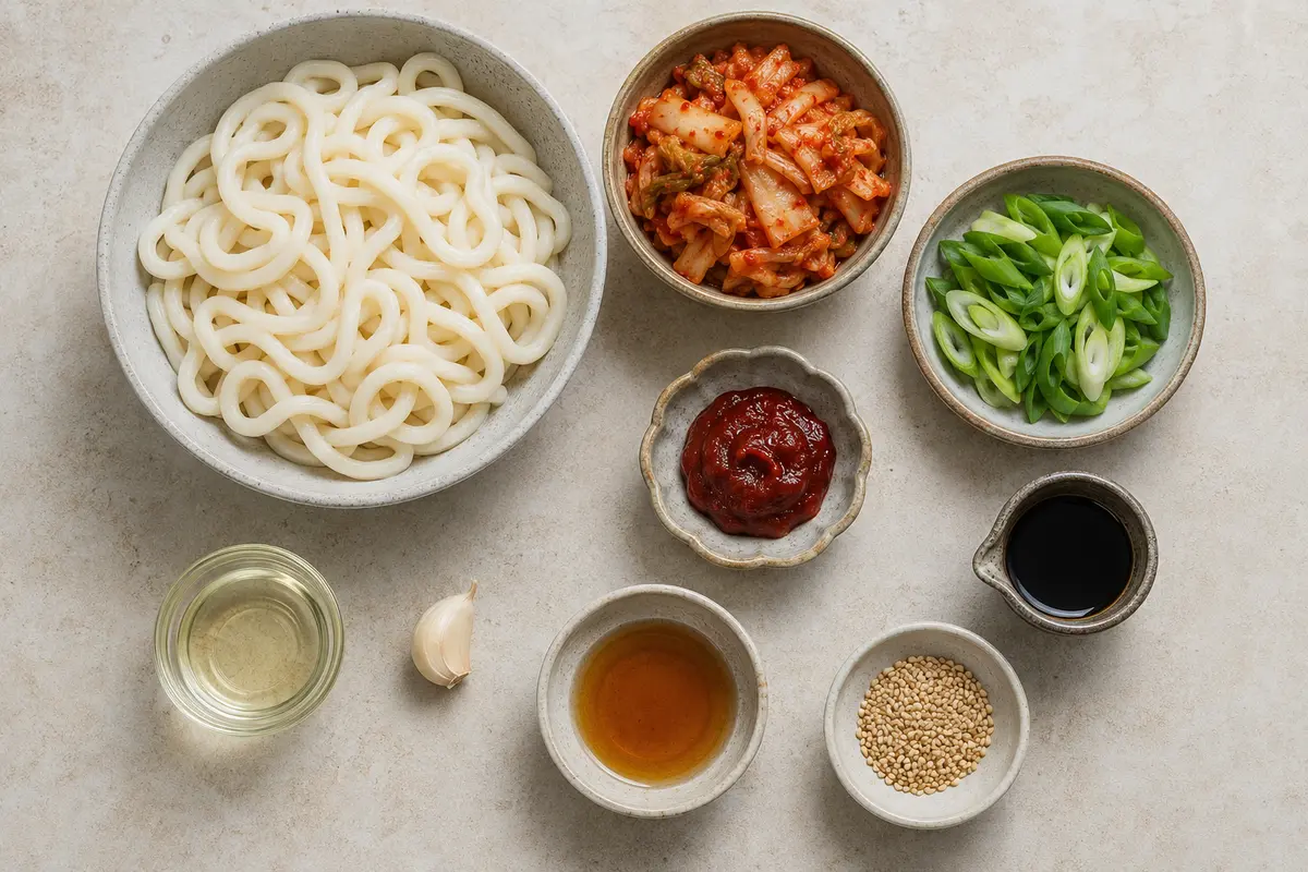Udon noodles, kimchi, scallions, gochujang, soy sauce, sesame oil, garlic, and sesame seeds arranged on a work surface