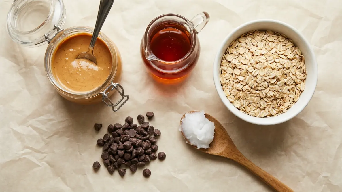Five ingredients for no-bake chocolate peanut butter oat bars laid out flat