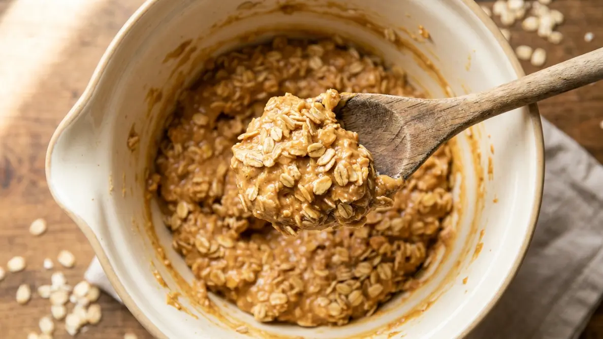 Peanut butter and rolled oats mixture on a wooden spoon showing sticky texture