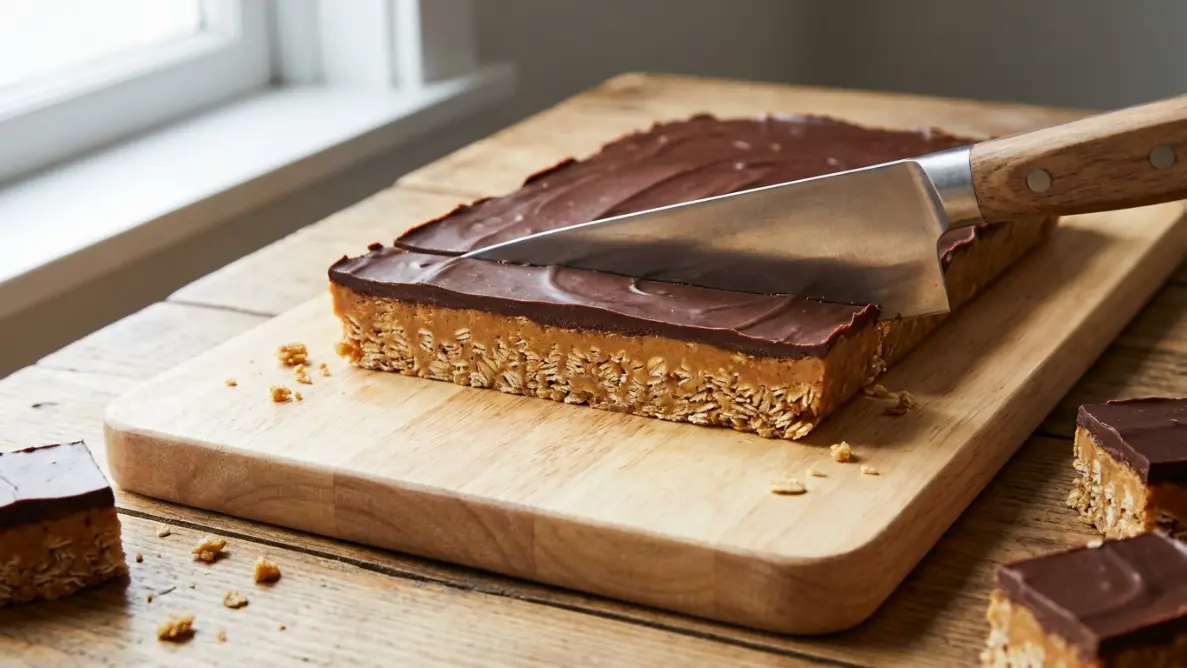 Sharp knife slicing through the finished no-bake chocolate peanut butter oat bars