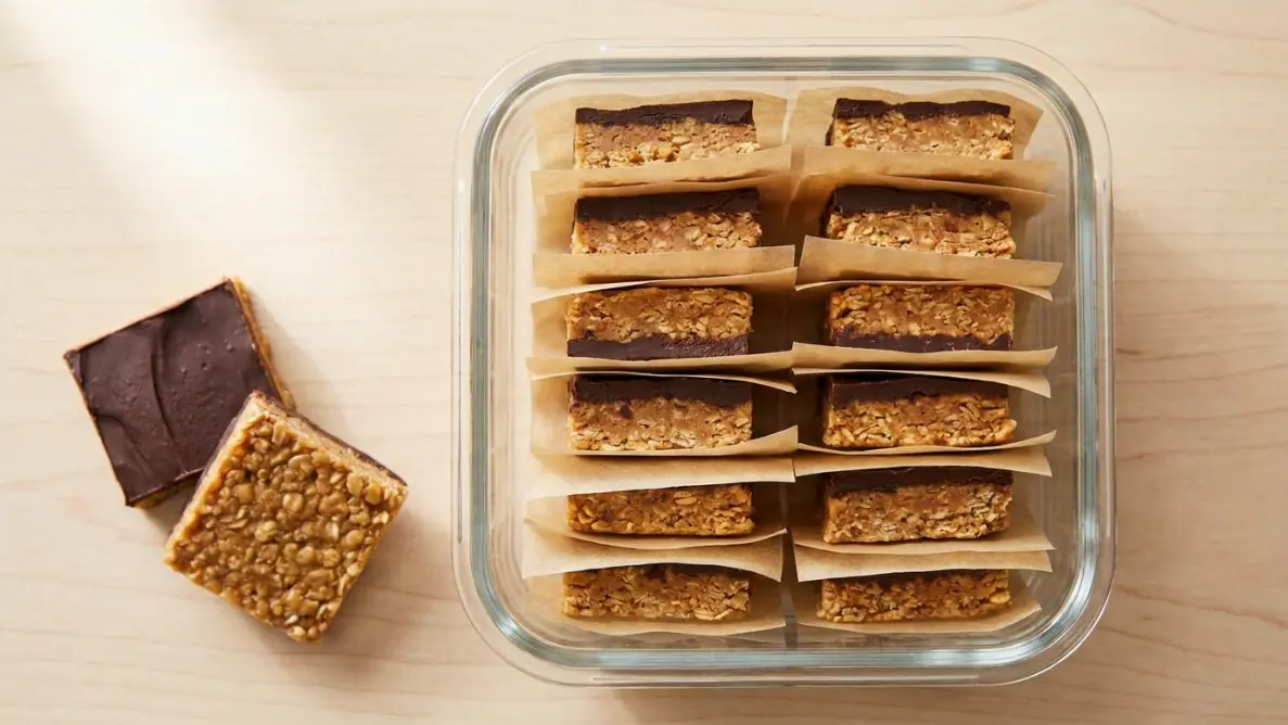 No-bake chocolate peanut butter oat bars wrapped in parchment inside a glass container