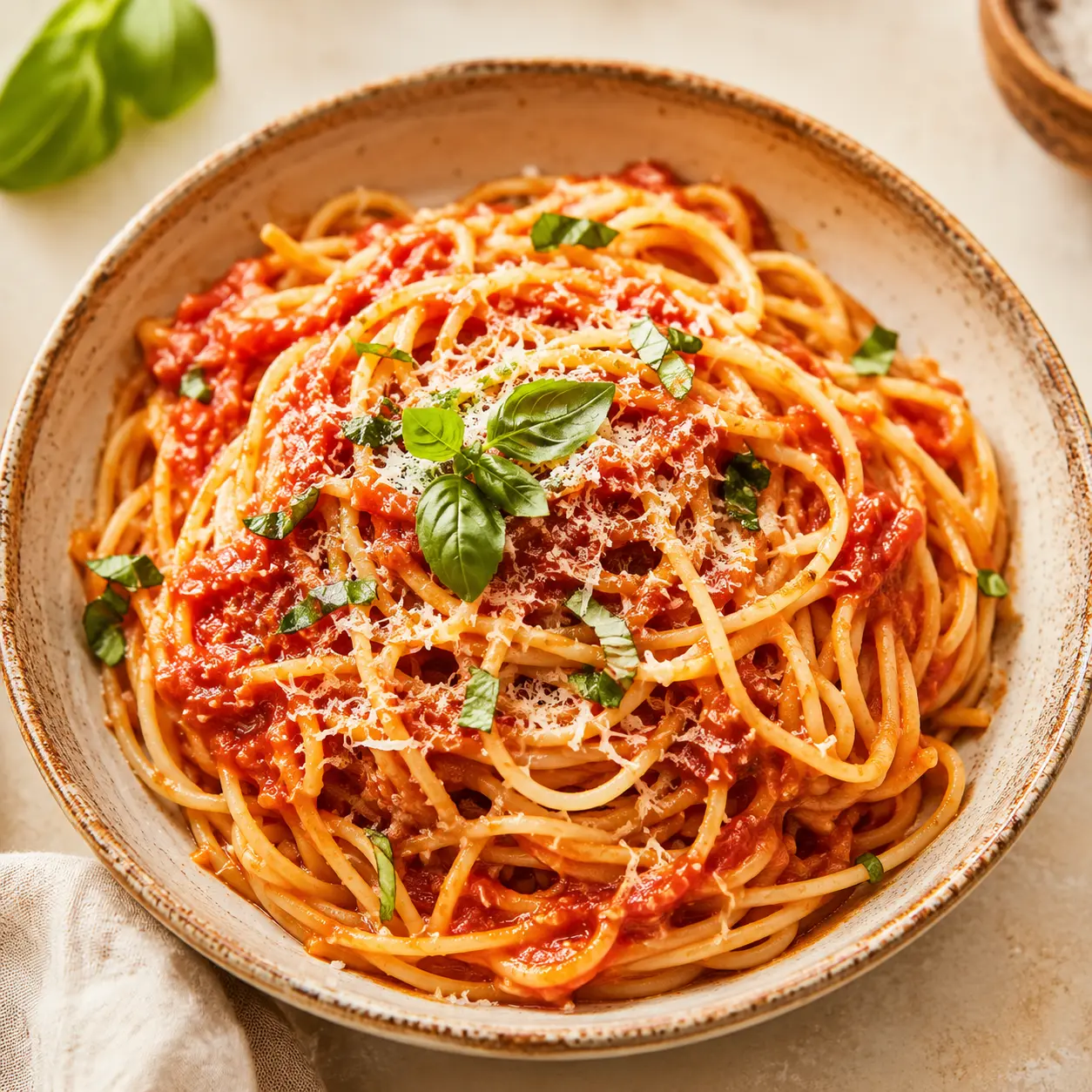 Pasta with tomato sauce, basil, and grated cheese.