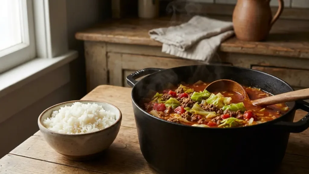 Cooked rice kept separate for unstuffed cabbage roll soup