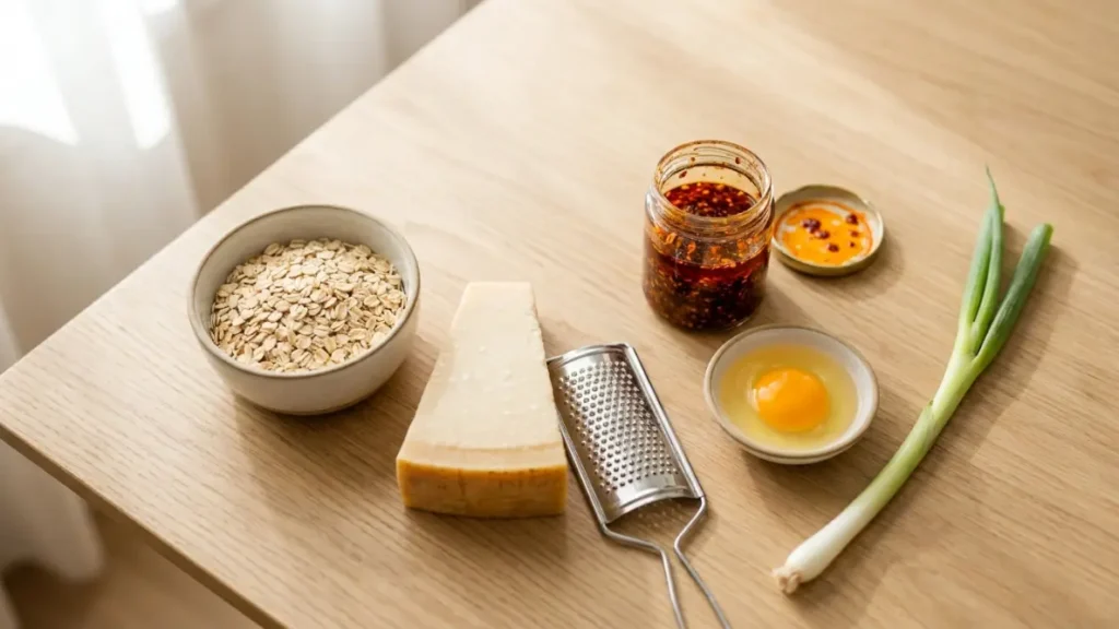 Ingredients for savory oatmeal laid out on a wood surface — rolled oats, Parmesan wedge, chili crisp jar, egg, and scallion