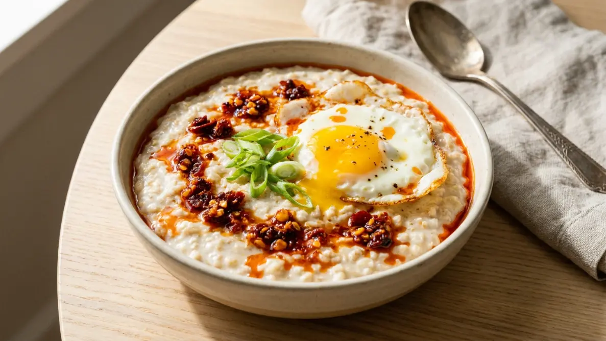 Savory Oatmeal With Chili Crisp and Parmesan Finished bowl of savory oatmeal with chili crisp, melted Parmesan, fried egg, and scallions