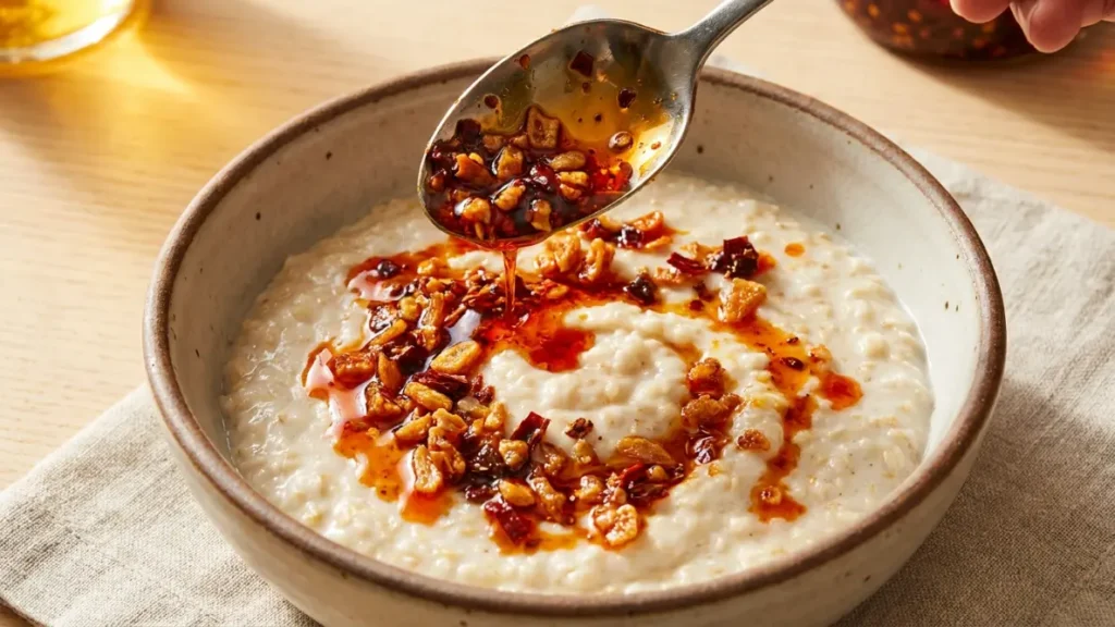 Spoonful of chili crisp with red oil and crispy bits being added to a bowl of Parmesan oatmeal