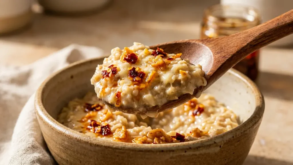 Close-up of a spoonful of savory Parmesan oatmeal with chili crisp pieces showing the creamy and crunchy texture