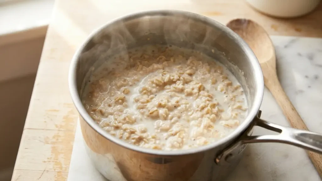 Rolled oats cooking in a small saucepan, creamy texture with gentle steam