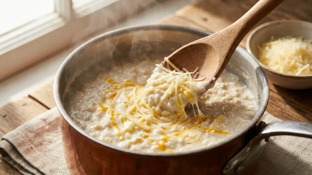 Grated Parmesan melting into hot oatmeal in a saucepan