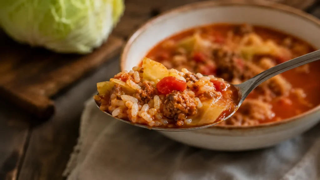 Spoonful of unstuffed cabbage roll soup with tender cabbage, beef, and rice