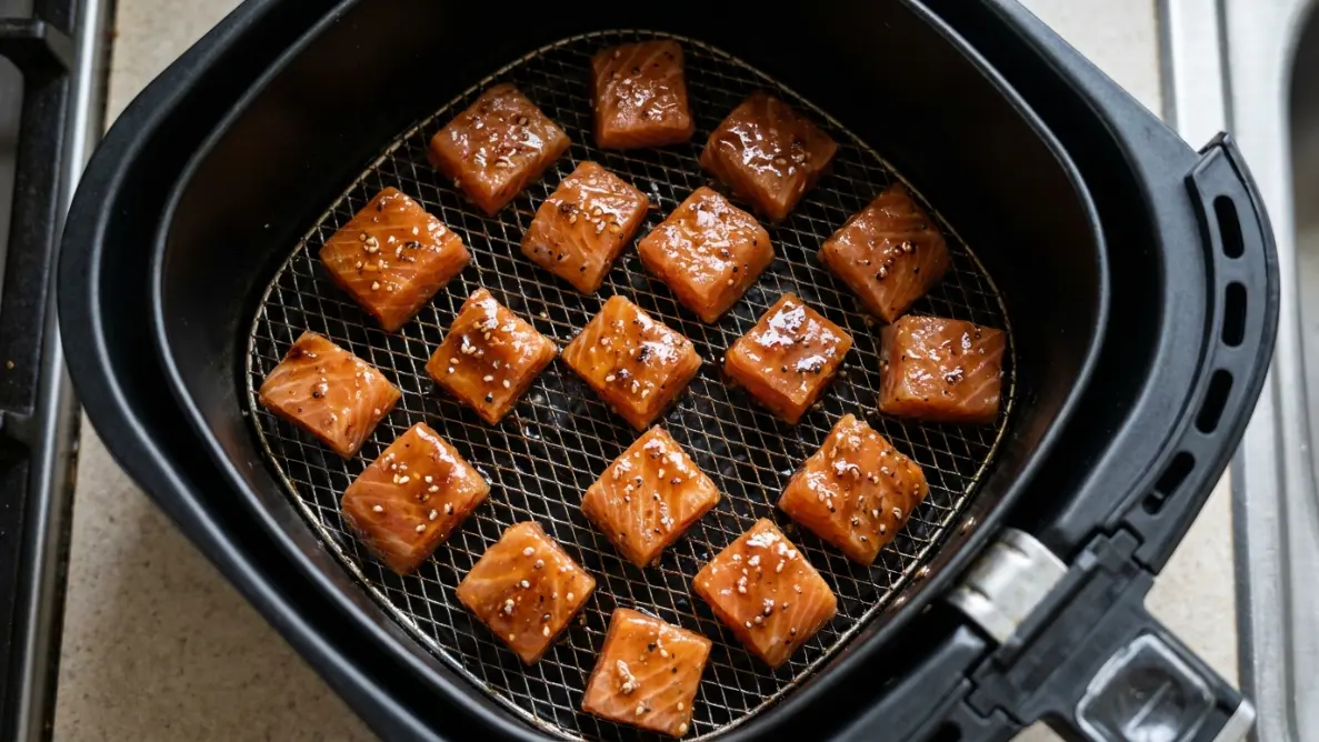 Marinated salmon cubes arranged in a single layer inside an air fryer basket