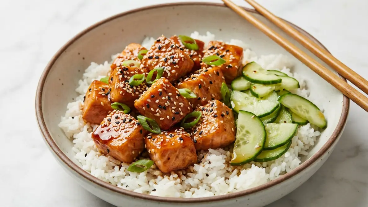 Sticky Sesame Air Fryer Salmon Bites With Cucumber Salad Sticky sesame air fryer salmon bites served over rice with cucumber salad in a white bowl