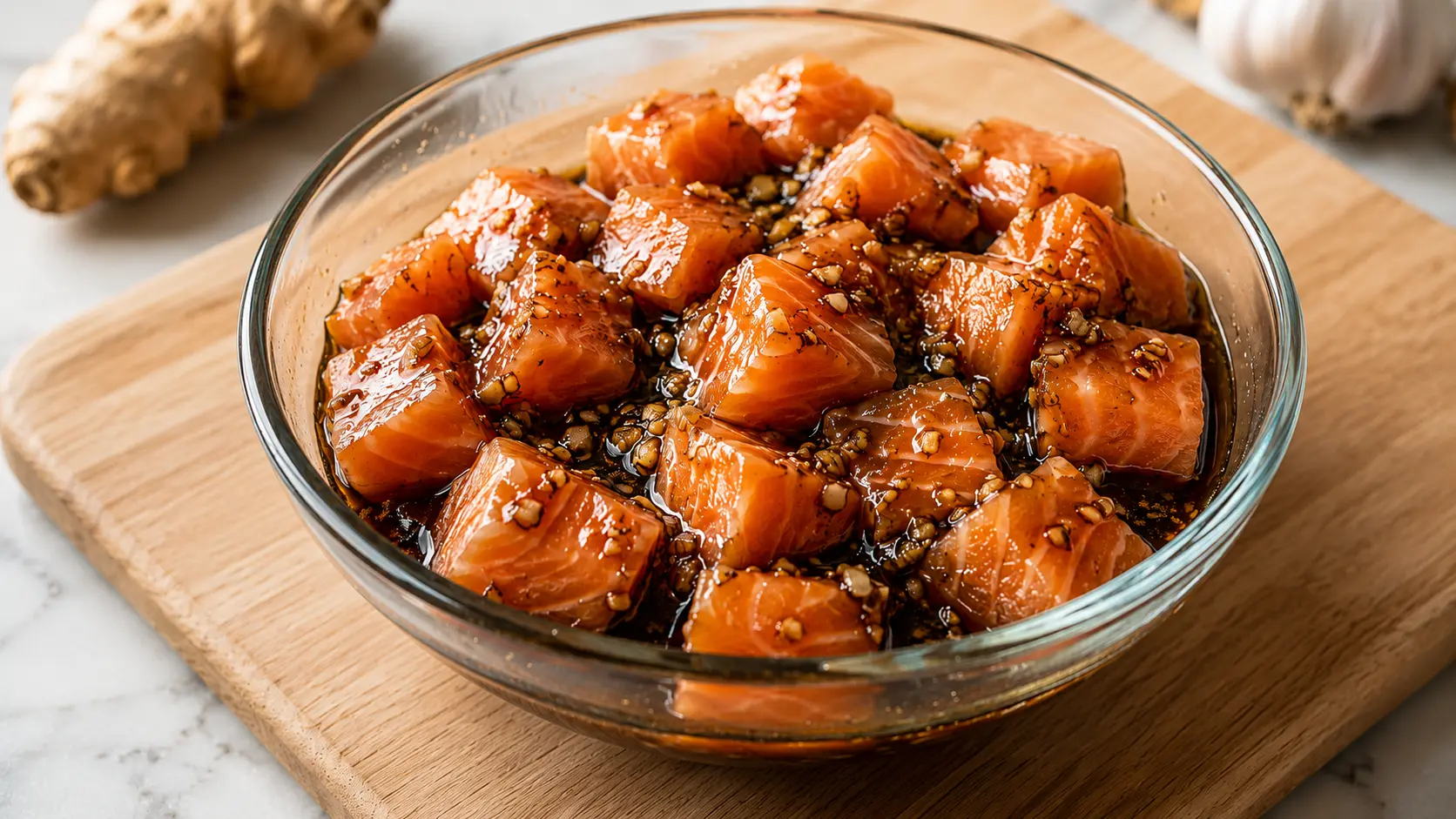 Skinless salmon cubes marinating in a soy sesame mixture in a glass bowl