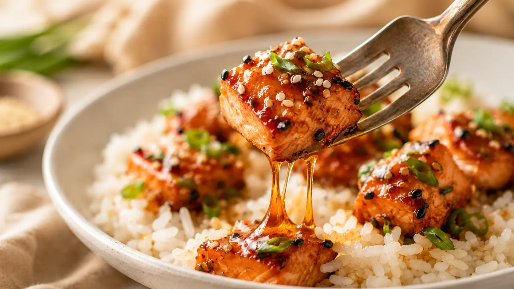 Fork lifting a glazed sesame salmon bite from a rice bowl with sticky sauce visibly stringing
