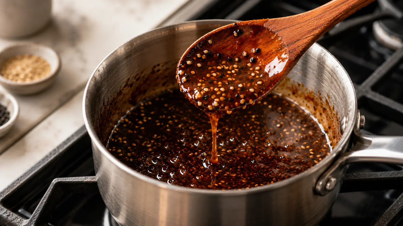 Reduced sesame glaze coating a wooden spoon lifted from a small saucepan