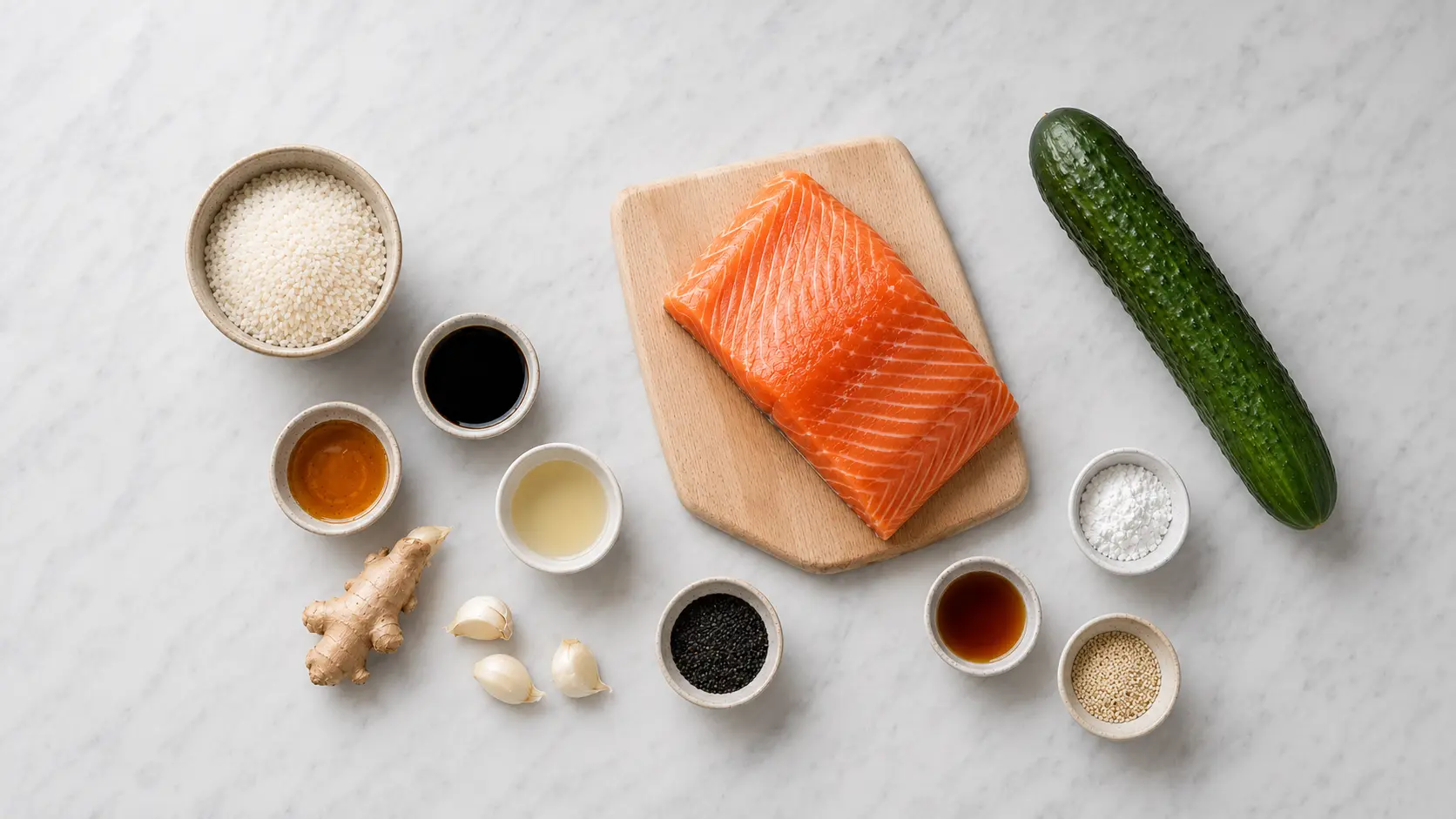 Ingredients for sesame air fryer salmon bites laid out on a light wooden surface
