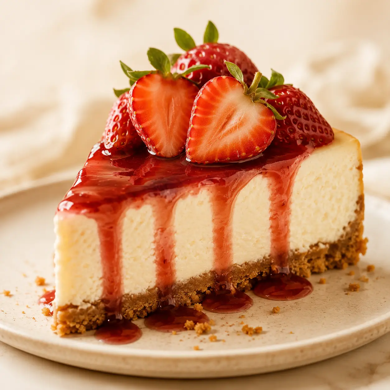 Slice of cheesecake topped with strawberries and strawberry sauce.