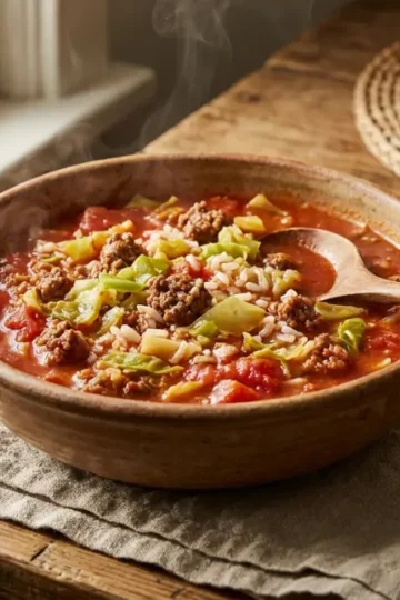 Unstuffed cabbage roll soup with ground beef served in a rustic bowl