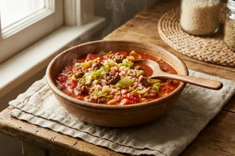 Unstuffed cabbage roll soup with ground beef served in a rustic bowl