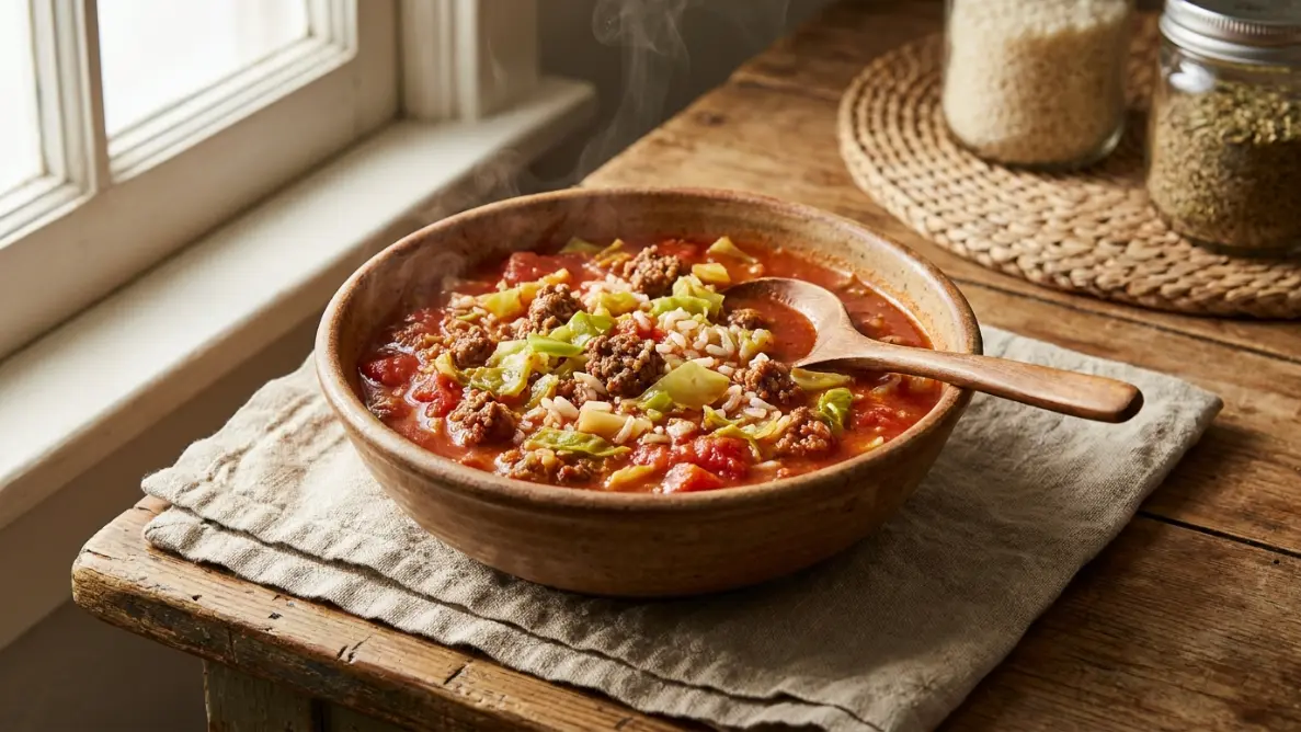 Unstuffed Cabbage Roll Soup With Ground Beef Unstuffed cabbage roll soup with ground beef served in a rustic bowl